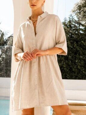 NEW H HALSTON Long Sleeve Linen Button Down Shirt Dress In Oatmeal Size S